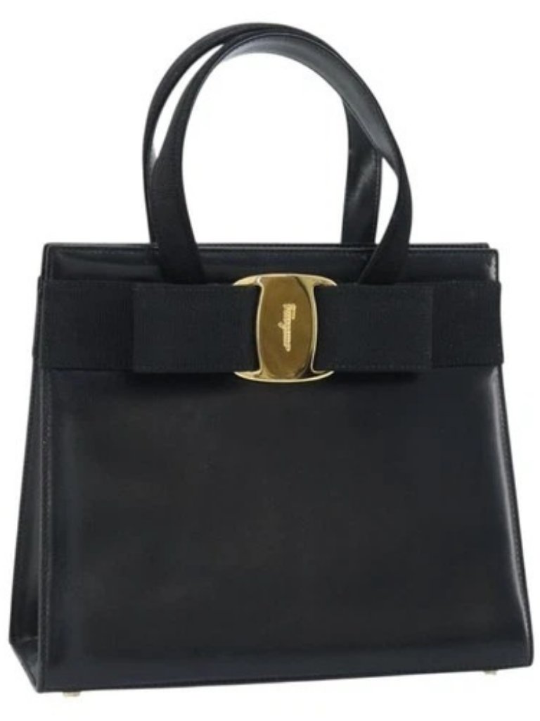 Salvatore Ferragamo Vala Hand Bag Leather Black Gold Auth Gh1876